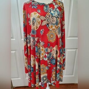 Cute & colorful dress. Size 1XL. Mid-length. Red with blue& beige floral design